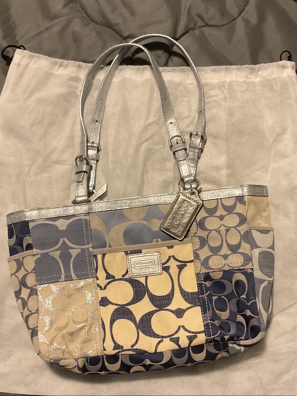 Coach Patchwork Tote in Blue and Cream with Silver Trim